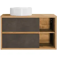 Vente-unique Zwevend badkamermeubel met ronde waskom - Houtlook en donkergrijs - 100 cm - TIKITIKI