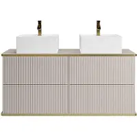 Vente-unique Zwevend gestreept badkamermeubel met gouden biezenrand en dubbele vierkante opzetwastafel - Beige - 120 cm - KELIZA