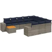 vidaXL 11-delige tuinbankset met kussens, grijs polyrotan