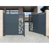 Vente-unique Halfopengewerkte aluminium draaipoort elektrisch B350 x H164 cm antraciet LABRIT II