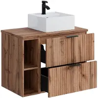 Vente-unique Geribbeld hangmeubel voor badkamer met nissen en vierkante opbouwwastafel - Licht naturel - L80 cm - ZEVARA
