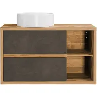 Vente-unique Zwevend badkamermeubel met ronde waskom - Houtlook en donkergrijs - 100 cm - TIKITIKI
