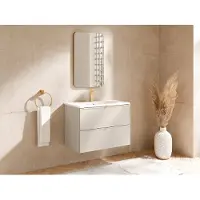 Vente-unique Zwevende wastafelonderkast met gouden metalen handgrepen - Kleur beige - 80 cm - ONDIL