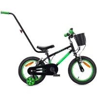 Sun baby Kinderfiets 14 Inch LOVEL Fiets voor Jongen 3-5 Jaar, Max 50 kg - zijwieltjes, mandje, bel, kettingkast, duwstang - Zwart-Groen