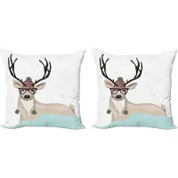 Abakuhaus Kerstkussenhoez set van 2, Hipster hert met bril, 60x60 cm, Blauw, Wit, Beige