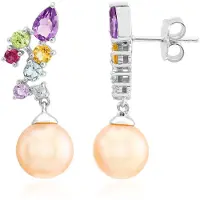 Cavill - 925 Sterling Zilveren Oorbellen met 9 mm Perzikkleurige Ming Parels en 1,65 ct Citrien - Modern & Elegant Dames Sieraad