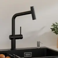 CECIPA MAX Keukenkraan Zwart - met uittrekbare uitloop - 2 Straalstanden - 40 cm Uittrekbereik - 304 RVS - Horizontaal Schuin T-ontwerp - 360° Draaibaar