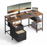 Vasagle Computerbureau - 140 X 60 X 76 Cm - Schrijfbureau Met 3 Planken En 2 Laden - Industrieel Design - Thuiskantoor En Woonkamer Bureau - Rustiek Bruin En Inktzwart