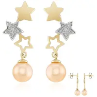 Cavill - Zilveren Oorhangers 925 Sterling Zilver - 7 mm Perzikkleurige Ming Parels - Goud Verguld - Elegante Oorbellen met Zirkonia