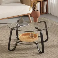 OKWISH Salontafel - Dubbele Laag Van Gehard Glas - Ronde Tafel Voor Woonkamer En Kleine Ruimtes - Zwart Metaal - 80 x 80 x 45 cm