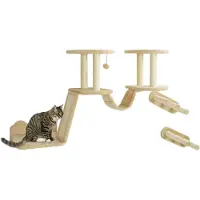 PawHut Katzen Kletterwand Set, 3-teilig Katzenmöbel mit Kratzbaum, Sitzstangen, Leiter, Stufen, Kratzbrett, für Katzen bis 5 kg, Sisal, Beige