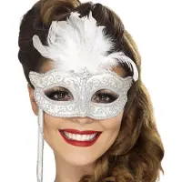 Smiffys Venetiaans masker met witte veren voor volwassenen