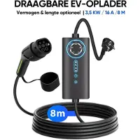 Junsun Type 2 Mobiele Thuislader - 3,5kW 1 fase (6-16A)- 6A/8A/10A/13A/16A instelbare stroom | 8 meter Laadkabel - 230V EV-oplader - Voor Elektrische Auto's - Schuko-stekker & CEE-stekker