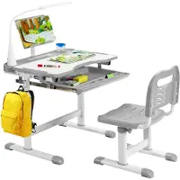 Costway Kinderbureauset met boekenstandaard en ledlicht, in hoogte verstelbare kindertafel en stoel met kantelbaar tafelblad en lade, kinderbureau voor jongens en meisjes (grijs)