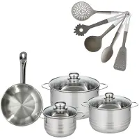 Fackelmann 9217450 Etherna kookset: RVS koekenpan 20 cm en RVS kookpannen 16/20/24 cm zonder PFAS + 5 keukengerei