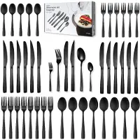 Deleca 12 Persoons Bestekset Essential (72-delig) - Lepels, Messen, Vorken, Steakmessen & Gebaksvorkjes - Vaatwasserbestendig Bestek - Glanzend Zwart / Edelstaal