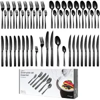 Deleca 8 Persoons Bestekset Essential (48-delig) - Lepels, Messen, Vorken, Steakmessen & Gebaksvorkjes - Vaatwasserbestendig Bestek - Glanzend Zwart / Edelstaal