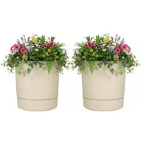 Mica Decorations Bloempot Coco - 2x - met onderschaal - beige - H37 x D35 cm - kunststof - buiten