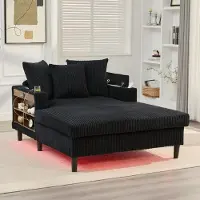 OKWISH Chaise Longue 129 x 170 cm - Met LED, USB, Opbergruimte En Bekerhouders - Woonkamer Of Balkon - Corduroy - Zwart