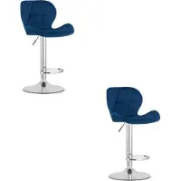 TEXTILOMANIE Set van 2 Barkrukken WEST – Velvet Donkerblauw, Chromen Basis, Rugleuning, Verstelbare Hoogte, 360° Draaibaar, Comfortabele Voetsteun, Antislip Onderstel, Modern Design, Max. 110 kg