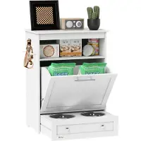 PawHut Haustier-Futterschrank mit 2 Edelstahlnäpfen, 3 Haken, Tierfutterschrank mit Lagerschrank, offenem Fach & Kipptür, Hundefutterstation für Hunde, 61 x 35,5 x 82 cm, Weiß