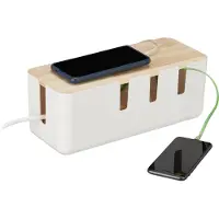 Relaxdays kabelbox, geschikt voor 2 stekkerdozen, met houten deksel, kunststof, om kabels te verbergen, afmetingen (h x b x d): 11,5 x 30,5 x 12,5 cm, wit