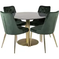 Ebuy24 EstelleØ106BLBR eethoek eetkamertafel zwart, marmer en 4 Velvet Deluxe eetkamerstal velours groente, messing decor.