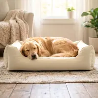 4L Textil Mario L Orthopedisch hondenbed van kunstleer, hondenmand, kunstleer, middelgrote honden, traagschuim, visco, waterafstotend, duurzaam, comfortabel (100 x 70 x 25 cm, Beige)