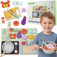 Tooky Toy Extra Grote Houten Speelkeuken voor Kinderen (96,5 × 30 × 89,5 cm) – Met Koelkast met IJsblokjesdispenser, Oven, Magnetron & Wasbak – Inclusief Accessoires