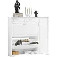 SoBuy Schoenenrek - Schoenen Opbergkast, Schoenencommode, met 2 Kleppen, 2 Lades, 1 Deur en 1 Open Compartiment- Max. 60kg - 102x96x24cm - Wit