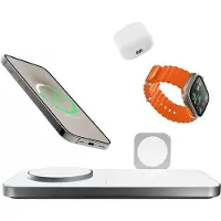 Favolt Site:3 Magsafe 3 in 1 Draadloze Oplader (MFi/QI) Magnetisch Laadstation voor iPhone Apple Watch AirPods Silver