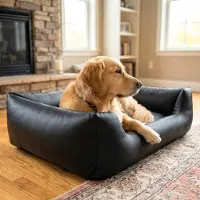 4L Textil Mario L Orthopedisch hondenbed van kunstleer, hondenmand, kunstleer, middelgrote honden, traagschuim, visco, waterafstotend, duurzaam, comfortabel (100 x 70 x 25 cm, Zwart)
