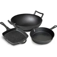 Blackwell Pannenset Gietijzer 3-Delig Grillpan 23 x 23 cm, Koekenpan ø 25 cm & Wok ø 32 cm - geschikt voor alle warmtebronnen - zonder anti-aanbaklaag