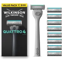 Wilkinson Sword Quattro Scheersysteem voor mannen, voordeelverpakking, 4 mesjes met diamantcoating, scheersysteem met 9 navulmesjes