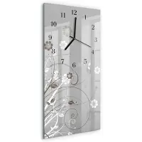 Tulup Wandklok - Bloemen Wandklok Glas Decoratie - 30x60 cm - Grijs Gekleurde Glazen Klok - Zwarte Handen - Rechthoekige Wandklok - Gekleurde Glazen Klok - Glazen Klok Met Print