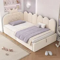 OKWISH Gestoffeerd Dagbed 90x200 cm - Met Hydraulische Opbergruimte - Omkeerbare L-Vorm - Fluweel - Beige - Zonder Matras