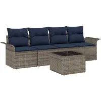 vidaXL Tuinbank Set 5 st Grijs en Marineblauw poly rattan