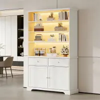 OKWISH Vitrinekast – Met Ledverlichting En 7 Vakken – Voor Woonkamer Of Hal – Spaanplaat Wit – 100x38x170 Cm