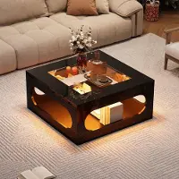 OKWISH Salontafel - Vierzijdig Open Design Met LED App-Bediening - Met Opbergruimte - MDF Zwart Met Gehard Glas - 70×70×35 cm