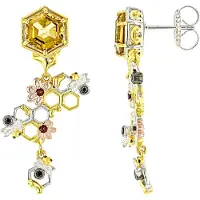 Cavill - Zilveren Oorbellen - 925 Sterling Zilver Palladium - Citrien 4,19 ct & Granaat - Zwarte Spinel - Hexagon Honingraat - Elegant