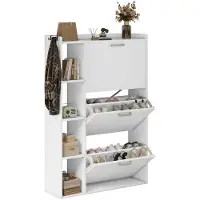 None Schoenenkast - Witte houten schoenenkast met drie deuren, smal model, voorzien van een kantelbeveiliging, geschikt voor de hal of gang