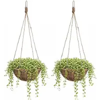 Mica Decorations Hangmand - 2x - D30 x H15 cm - gevlochten wilg - hangende plantenbak met ketting - bloempot - gevlochten