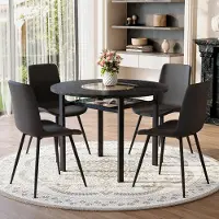 STILVORA Eetkamerset 100 Cm - Ronde Tafel Met 4 Stoelen En Glazen Inleg - Voor Eetkamer En Keuken - MDF Metaal Bruin Zwart