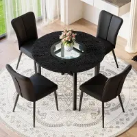 STILVORA Eethoek Set 100 cm - Ronde Tafel Met 4 Stoelen En Glazen Inzet - Voor Eetkamer En Woonkamer - MDF Zwart