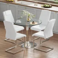 STILVORA Eettafelset 85 Cm - Ronde Glazen Tafel Met 4 Eetkamerstoelen - Voor Eetkamer En Keuken - Glas Wit Zilver