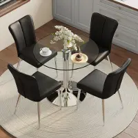 MODFU - Eettafelset - Ronde Glazen Tafel Met 2 Stoelen - Modern Minimalistisch - Voor Eetkamer Of Keuken - Zwart En Zilver - 85 Cm