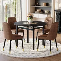 STILVORA Eetset met 4 stoelen van Tech-stof, ronde eettafel met een zwarte houtlook, eetset met zwarte metalen poten, verkrijgbaar in bruin en zwart