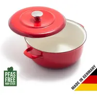 Merten Storck Merten & Storck Braadpan 26 cm - 5L - Zonder PFAS-vrije antikleeflaag - Braadpan inductie - Ovenbestendig tot 315°C - Geëmailleerd gietijzer - Handgemaakt - Met deksel - Lava Rood
