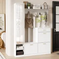 HAUSS SPOLE Garderobeset Met Spiegel En Schoenenkast Voor Smalle Hal En Gang Met Haken En Lade Spaanplaat 133x23,5x180 Cm Wit