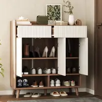 HAUSS SPOLE Schoenenkast - Met 3 Deuren, 2 Laden En Open Vakken - Voor Hal En Entree - Houtlook En Wit - 90x35x100 Cm